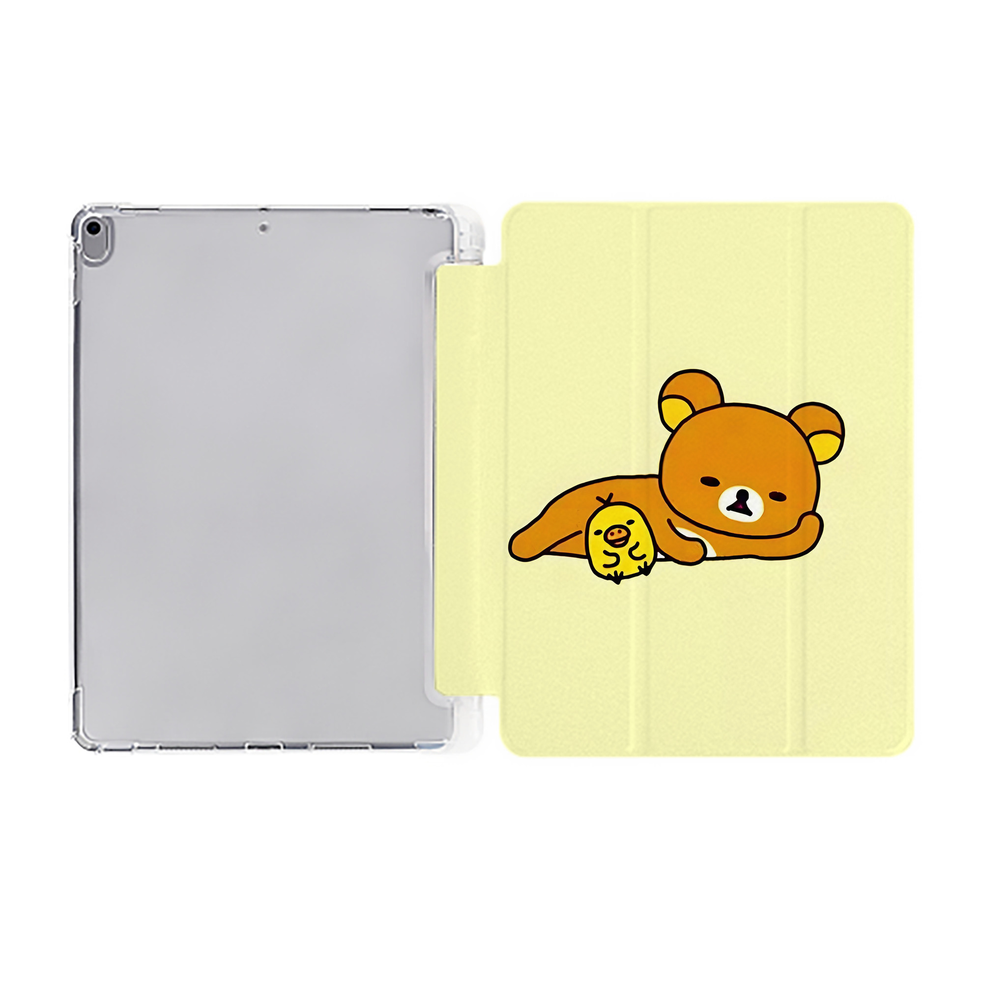 （画像用） リラックマ リラックマ キイロイトリ Rilakkuma Korilakkuma Kiiroitori IPad ケース ペン収納付き 三つ折りスタンド PUレザー×シリコン 対応機種9.5/10.5/10.9インチ